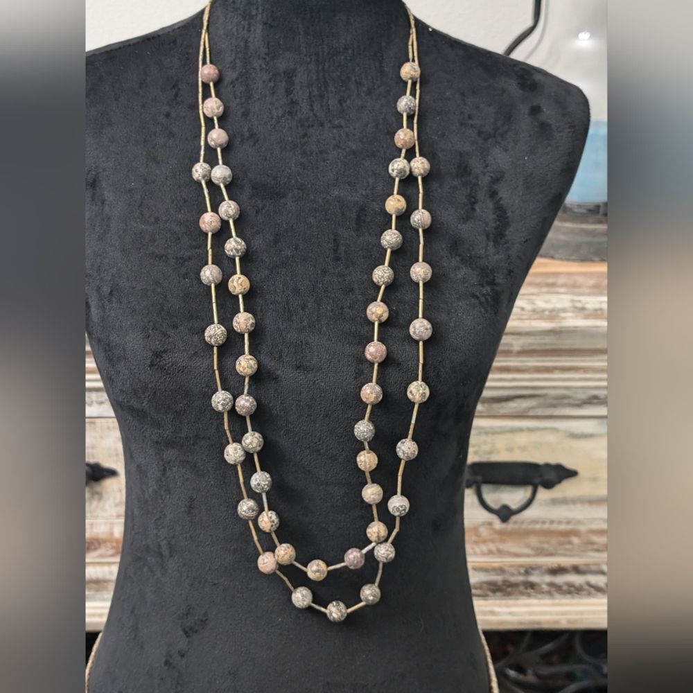 Chico's Jasper/Gold Tone Bugle Bead 2 Strand Necklace